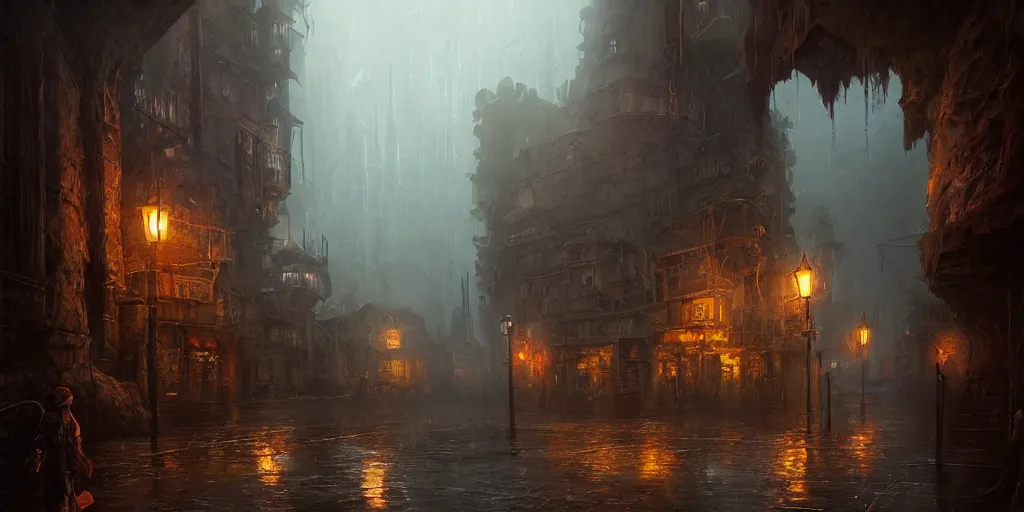 a dimly lit fantasy city within a dark cavern, rainy | Stable Diffusion ...