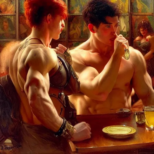 Image similar to attractive muscular mike with red hair with muscular attractive tyler with black hair, drinking their hearts out, in a pub. very defined and highly detailed painting by gaston bussiere, j. c. leyendecker, craig mullins 8 k