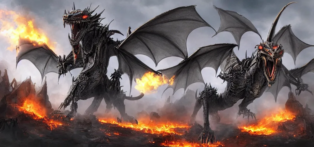 Image similar to a mecanic dragon with big mouth destroy a building with fire in the night, dark fantasy, apocalypse