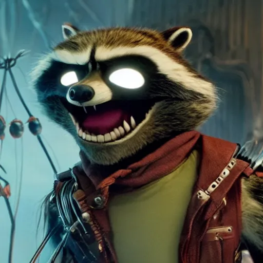 Image similar to animated film still of rocket raccoon in the nightmare before christmas, hyperrealistic, ultra realistic, realistic, highly detailed, epic, hd quality, 8k resolution, body and headshot, film still