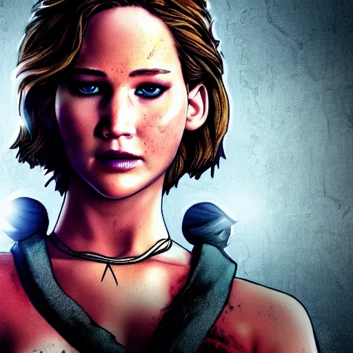 Image similar to jennifer lawrence portrait, borderlands, tales from the borderlands, the wolf among us, comic, cinematic lighting, studio quality, 8 k