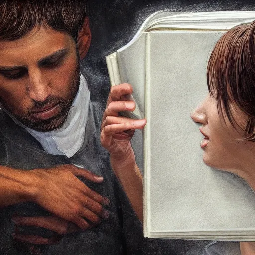 Image similar to a realistic painting of three male and one female characters emerging from inside a book, trending on artstation, detailed digital art