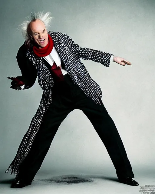 Image similar to photoshoot of michael keaton as beetlejuice, photoshoot in the style of annie leibovitz