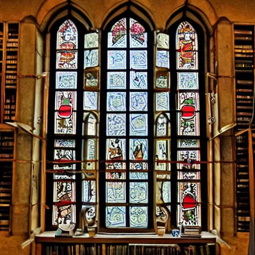 Prompt: medieval library as a portal to another dimension as a stained glass for bookshekf