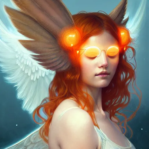 Image similar to Portrait of a girl angel with pale orange colored fuzzy frizzy hair, cat ears, glowing halo, wings, fantasy, intricate, elegant, highly detailed, digital painting, artstation, concept art, smooth, sharp focus, illustration, art by Krenz Cushart and Artem Demura and alphonse mucha