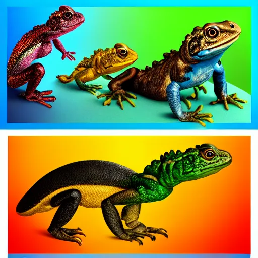 Image similar to three animals,trio, toad with wings front view and rainbow reptile front view and golden lizard front view, trio, artstation, concept art, master illustration, details, good clear quality, fun - w 704