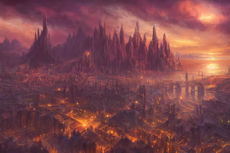 Image similar to high aerial shot, fantasy landscape, sunset lighting ominous shadows, cinematic fantasy painting, dungeons and dragons, a port city, harbor, bay, with an elvish cathedral inspired by the syndey opera house by jessica rossier and brian froud and hr giger