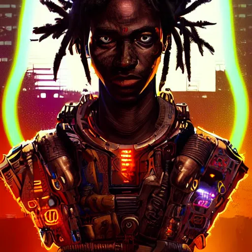 Image similar to a dark and ominous cyborg african child soldier with glowing eyes and tribal facial scarification, neon graffiti, Apex Legends character digital illustration portrait design, by android jones and greg rutkowski in a cyberpunk voodoo style, retrowave color scheme, detailed, cinematic lighting, wide angle action dynamic portrait