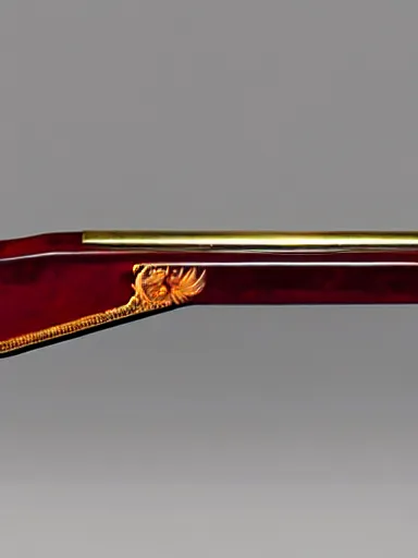 Image similar to a shotgun made from glossy red - painted wood and elements of gold metalwork