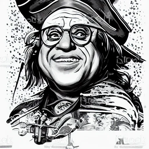 Image similar to vector art portrait of danny devito as a pirate king by jack kirby