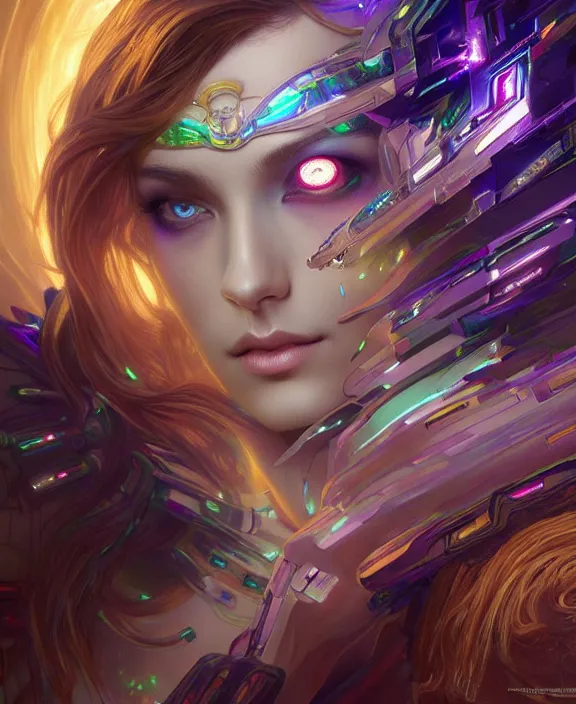 Image similar to a whirlwind of souls rushing inside the metaverse, half body, glowin eyes, tiara with sapphire, pharaoh, android, cyberpunk, d & d, fantasy, intricate, elegant, highly detailed, colorful, vivid color, digital painting, artstation, concept art, art by artgerm and greg rutkowski and alphonse mucha and ruan jia