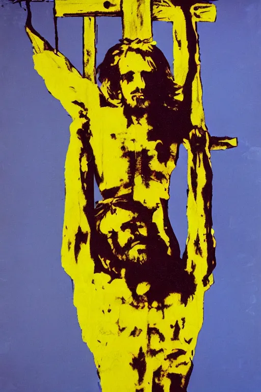 Image similar to bloody jesus christ crucified, yellow sky painted by andy warhol and cy twombly