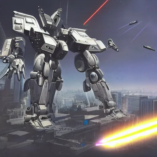 Prompt: A highly detailed photo of a giant futuristic mech launching missiles and firing lasers in a city