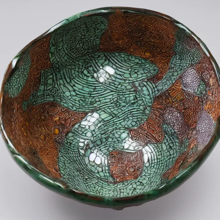 Prompt: Studio Photograph of Beautiful Handmade Stoneware Bowl in the shape of a Compact-2 manifold intricately carved with Animal Eyes and painted with the image of Lizards by Paul Klee, Glossy celadon glaze Bright Intense Colors shocking detail hyperrealistic trending on artstation