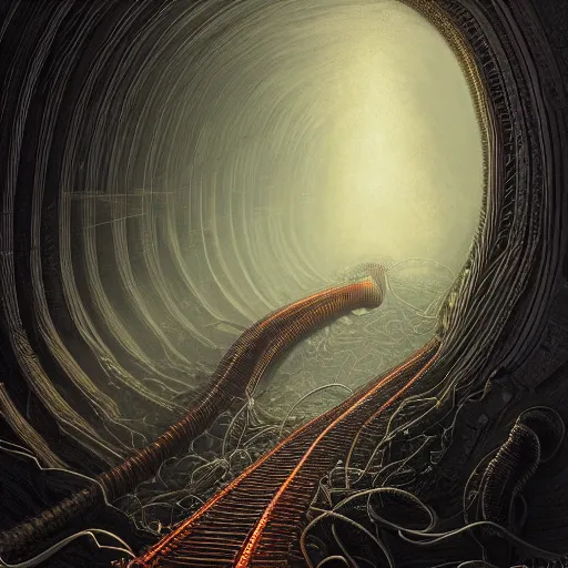 Prompt: photorealistic centipede thomas the train in the style of michael whelan and gustave dore. hyperdetailed photorealism, 1 0 8 megapixels, amazing depth, glowing rich colors, powerful imagery, sinister overtones, 3 d finalrender, 3 d shading, cinematic lighting, artstation concept art