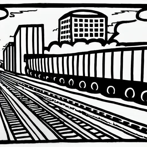 Prompt: drawing of city skyline and freight train in the style of Wesley Willis