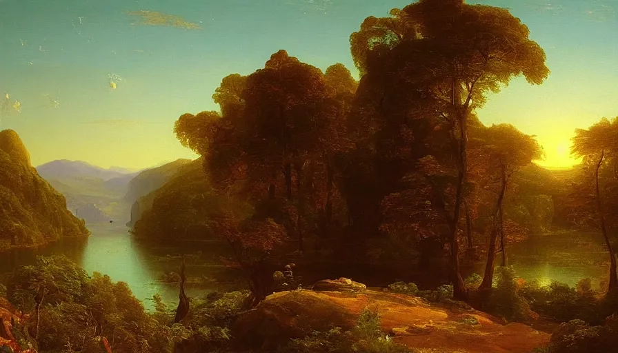 Image similar to a landscape painting depicting a remote rimworld with two above, oil on canvas, hudson river school, Thomas Cole, Fredric Edwin Church