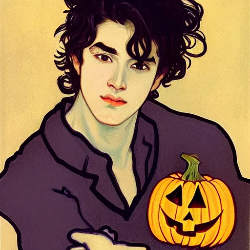 Image similar to painting of young cute handsome beautiful dark medium wavy hair man in his 2 0 s named shadow taehyung and cute handsome beautiful min - jun together at the halloween jack o lantern party, melancholy, autumn colors, elegant, painting, stylized, witchcraft, gorgeous eyes, soft facial features, delicate facial features, art by alphonse mucha, vincent van gogh, egon schiele