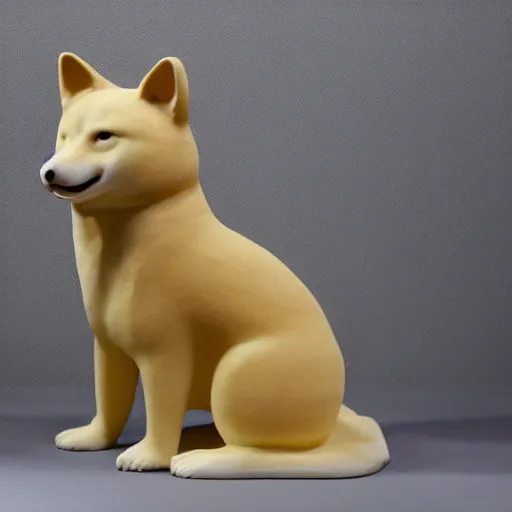 Image similar to a very beautiful intricately shaped organic sculpture carved from steamed buns depicting a shiba inu. studio lighting, high resolution, high quality, dark background