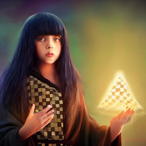 Prompt: mysterious girl child with her long black hair dressed in a chequered robe, chequered cape, carrying blue very big magical symmetrical crystal, epic scene, atmospheric, surrounded by magical light, digital art, hd, 4 k, hyper detailed