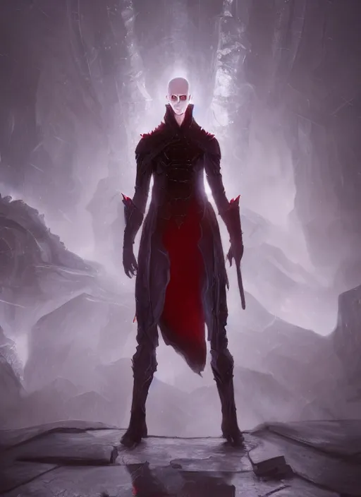 Image similar to A fantasy comic book style portrait painting of a slender grey elf with red eyes as a Sorcerer in a atmospheric dark fortress, unreal 5, DAZ, hyperrealistic, octane render, RPG portrait, ambient light, dynamic lighting