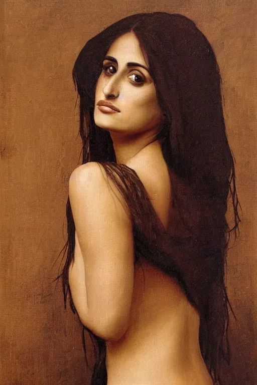 Image similar to oil painting, portrait of penelope cruz, artwork by leonardo da vinci