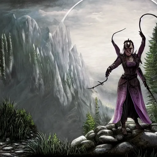 Prompt: The Elder Scrolls 6, Female Mage conjuring a spell, realistic, ultra detailed, menacing, powerful, dark, shallow focus, forest, mountains in the background concept art design as if designed by Wētā Workshop