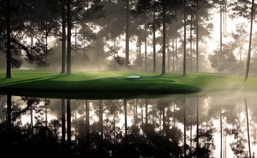 Image similar to augusta national, the masters, nr. 1 2, completely flooded, beautiful ambient light, stunning photography, fog, light rays