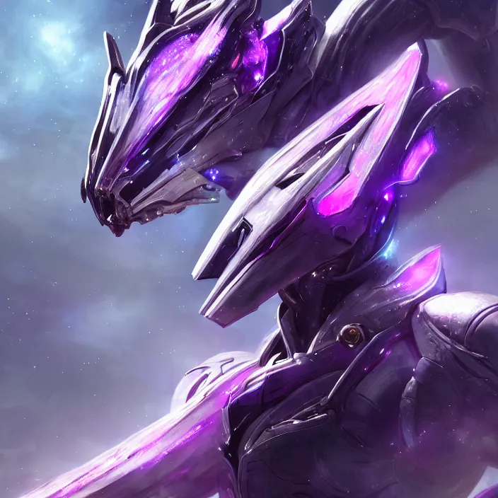 Image similar to cinematic close shot, cosmic sized proportional stunning beautiful hot female warframe, detailed robot mecha female dragon head, metal ears purple eyes, sleek silver armor, fuschia skin, floating in empty space, nebula sized, posing elegantly, epic proportions, epic size, epic scale, furry art, dragon art, giantess art, warframe fanart, furaffinity, deviantart