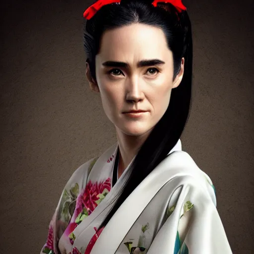 Prompt: Japanese Jennifer Connelly wearing kimono, realistic, photo studio, HDR, 8k, trending on artstation