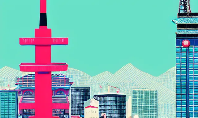 Prompt: Japan Tsutenkaku Tower, a poster design for a contemporary graphic design exhibition, by Wes Anderson, KAWS, open negative space, clean color and neon fluorescent airbrush accents graphic design volumetric octane render