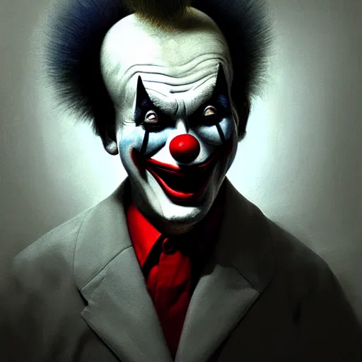 Prompt: a portrait of pogo the clown, hyper realistic, octane render, by barlowe. masterpiece portrait painting. dark, moody,, abstract brush strokes,.