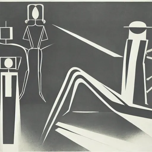 Image similar to strange beings in a common space, Oskar Schlemmer, futurism, Bauhaus