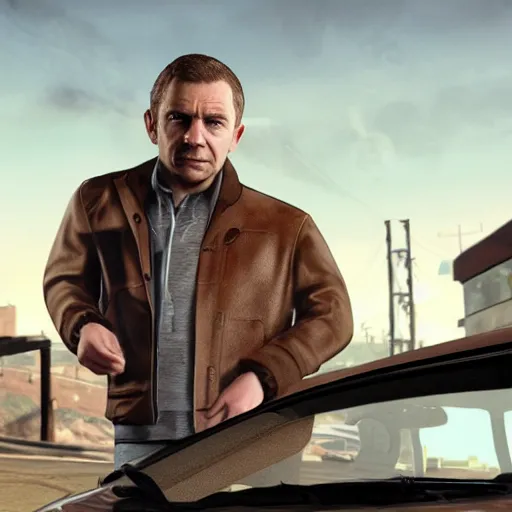 Prompt: martin freeman in gta v, looking confused, a car exploding in the background. unreal engine 4 render 4 k