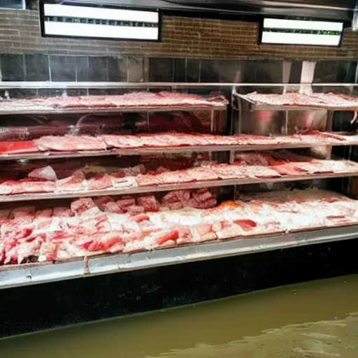 Prompt: a flooded butcher shop, where's wally