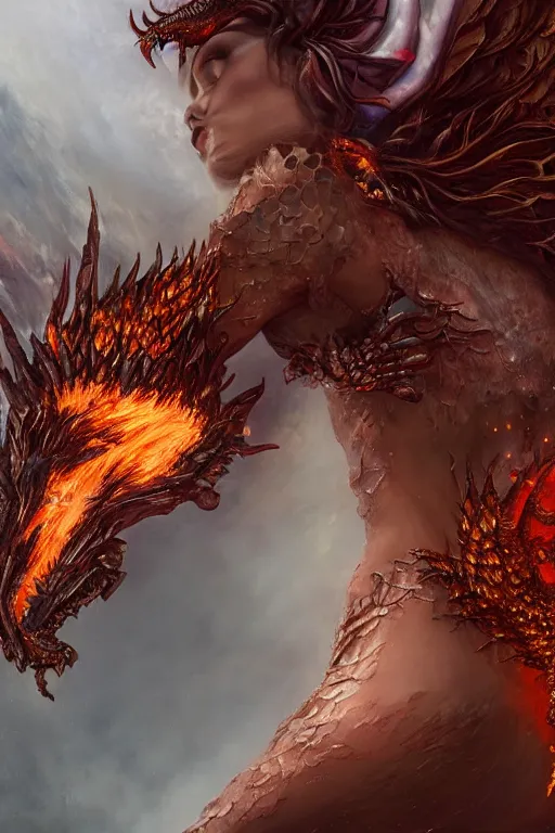 Prompt: photography torso closeup model wearing exploding fire dragon skin dress, sorcerer, diamonds, angel, fantasy, dramatic lighting, d & d, highly detailed, digital painting, holding electricity, magic the gathering, hyper detailed, 3 d render, hyper realistic detailed portrait, peter mohrbacher, wlop, ruan jia