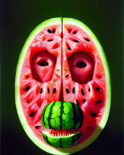 Prompt: interdimensional human watermelon face being made out of fruits, ethereal still life renaissance painting by giuseppe arcimboldo and alex grey