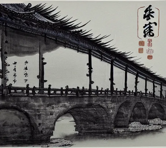 Prompt: ink painting of a chinese bridge by george tsui, gu kaizhi, tsutomu nihei