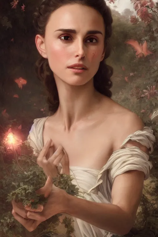 Image similar to Nathalie Portman portrait in a fantasy comic book, style portrait painting of François Boucher, Oil Painting, unreal 5, DAZ, hyperrealistic, octane render, Regal, Refined, Detailed Digital Art, RPG portrait, William-Adolphe Bouguereau, Michael Cheval, dynamic lighting, Highly Detailed, Cinematic Lighting, Unreal Engine, 8k, HD