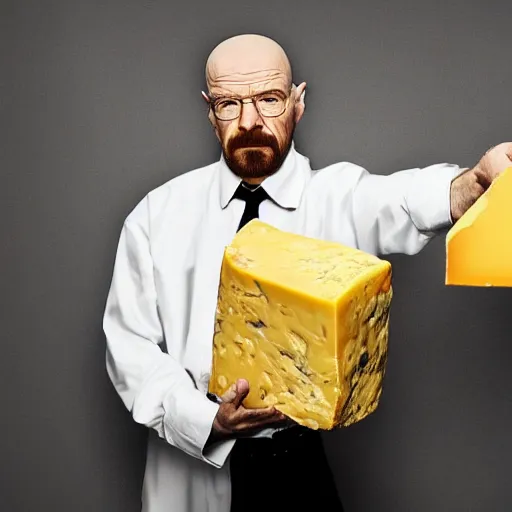 Prompt: walter white with a price of cheese for a head cheese for a head, cinematic photography, trending on artstation,