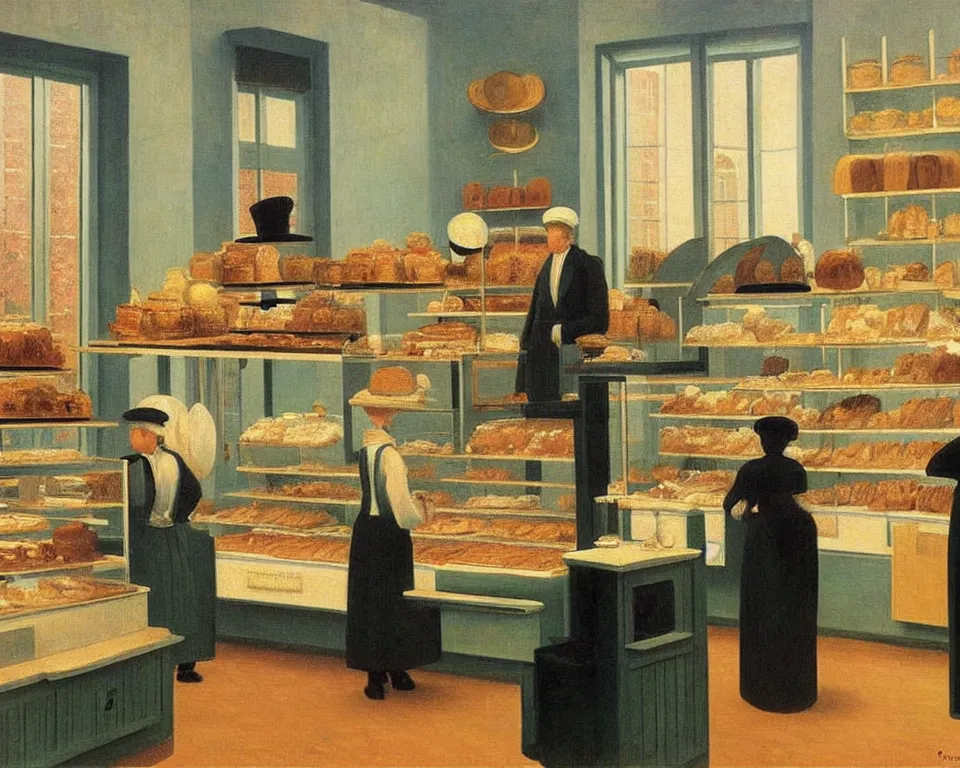 Prompt: achingly beautiful painting of a sophisticated, well - decorated bakery kitchen by rene magritte, monet, and turner.