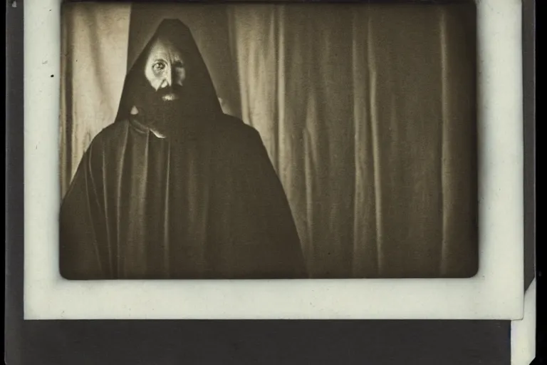 Prompt: dark old polaroid of an medieval religious leader, with a weird religious symbol, wide angle