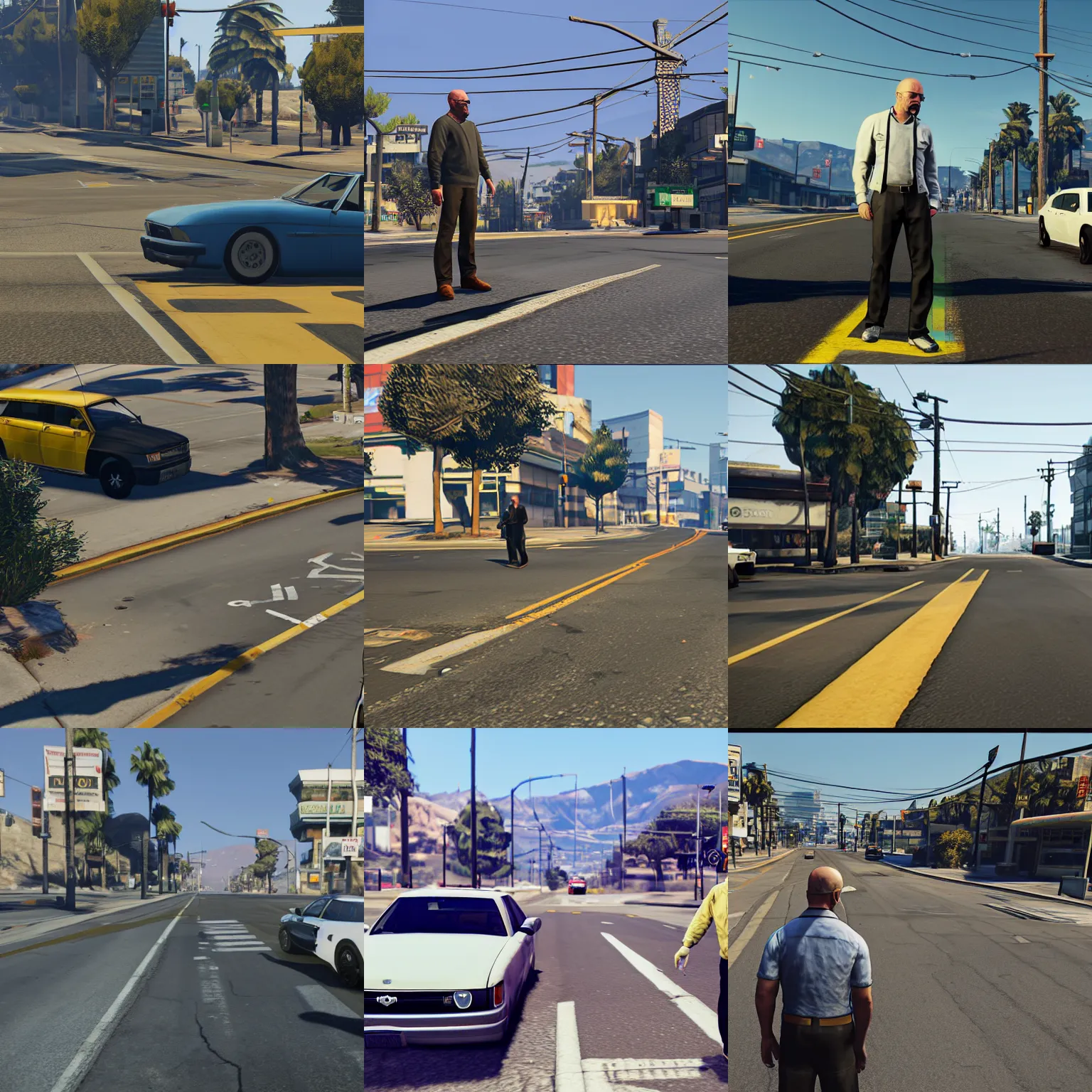 Prompt: walter white crossing a street in gta 5, unreal engine 5 detail, by gta 5