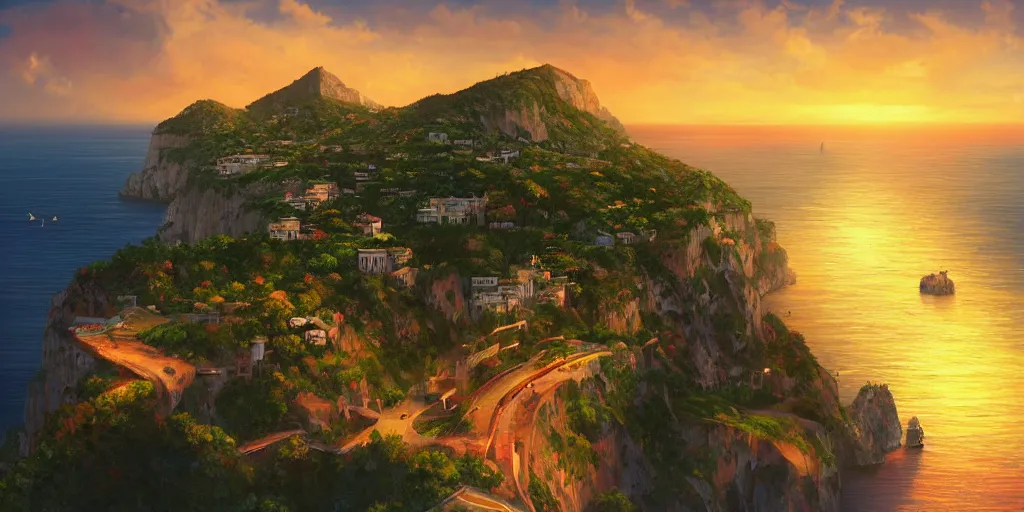 Prompt: epic professional digital art of a lonely street on a cliff over the sea at sunset in capri island, nice beaches, ,best on artstation, colorful sylvain sarrailh concept art, by peter chan, pixar movie, upscaled, perfect composition , golden ratio