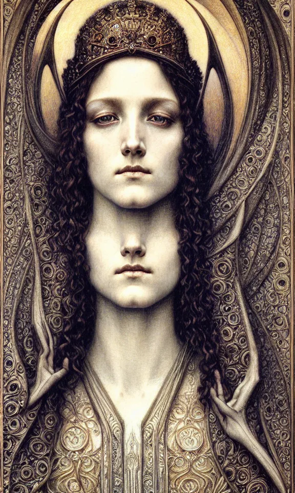 Image similar to detailed realistic beautiful young medieval queen face portrait by jean delville, gustave dore and marco mazzoni, art nouveau, symbolist, visionary, gothic, pre - raphaelite. horizontal symmetry