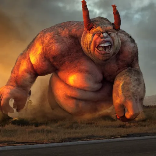 Image similar to a huge violent angry ogre huge violent angry ogre huge violent angry ogre stomps through background trailer homes and smashed trailer homes, people looking on in astonishment