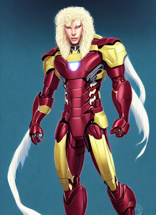 Image similar to aesthetic portrait commission of a of a male fully furry muscular anthro albino lion wearing attractive iron man suit. Character design by charlie bowater, ross tran, artgerm, and makoto shinkai, detailed, inked, western comic book art, award winning film poster painting