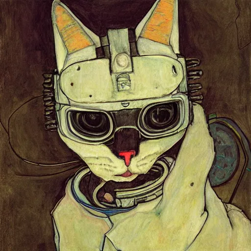Prompt: portrait of a cyberpunk cat by egon schiele in the style of greg rutkowski