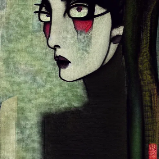 Image similar to yoshitaka amano blurred and dreamy minimalistic three quarter angle portrait of a young woman with black lipstick and black eyes looking up and to the side wearing dress suit with tie, junji ito abstract patterns in the background, satoshi kon anime, noisy film grain effect, highly detailed, renaissance oil painting, weird portrait angle, blurred lost edges