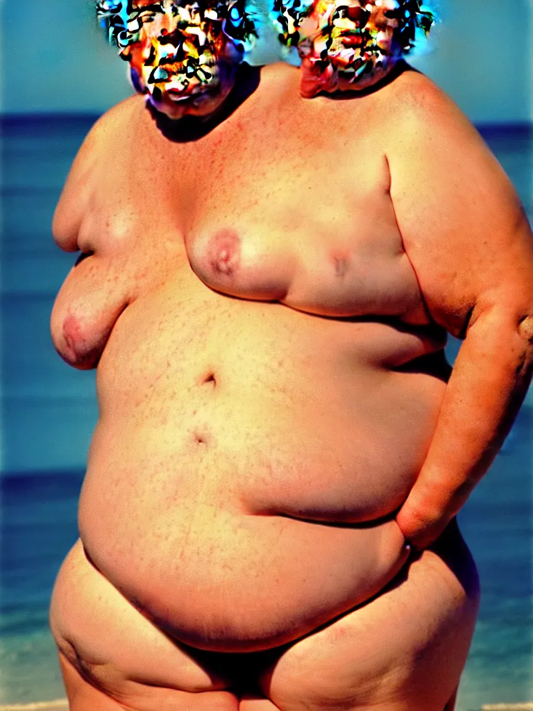Image similar to a portrait photograph of an extremely obese donald trump wearing a skimpy bikini, his body is covered in boils, gargantuan warts and skintags. perfect focus and detail, in style of david bailey for playgirl.